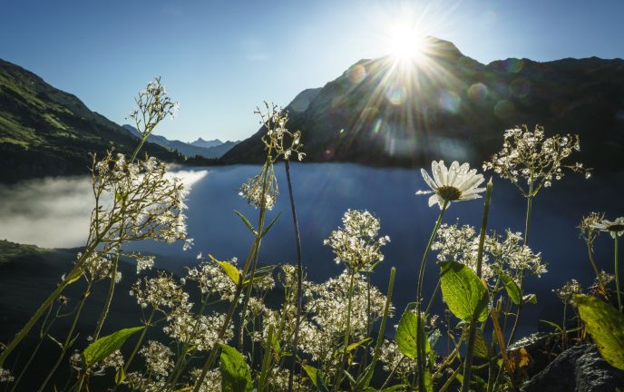 Formarinsee am Morgen bei Sonnenaufgang, Lech am Arlberg Formarinsee am Morgen bei Sonnenaufgang, Lech am Arlberg