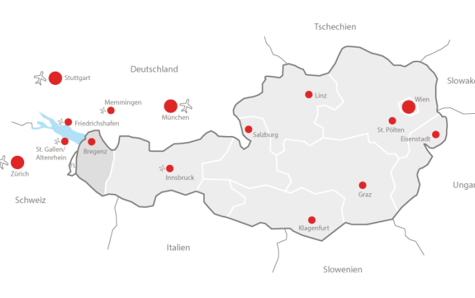 Österreichkarte mit Flughäfen Österreichkarte mit Flughäfen
